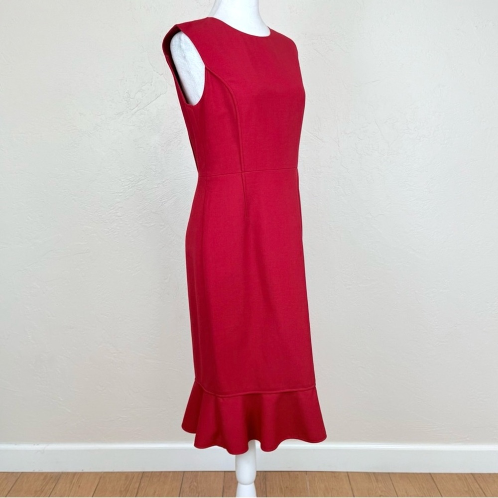 Oscar de la Renta Flared Ruffle Hem Midi Stretch Wool Claret Red Dress Size 4 - Picture 2 of 15